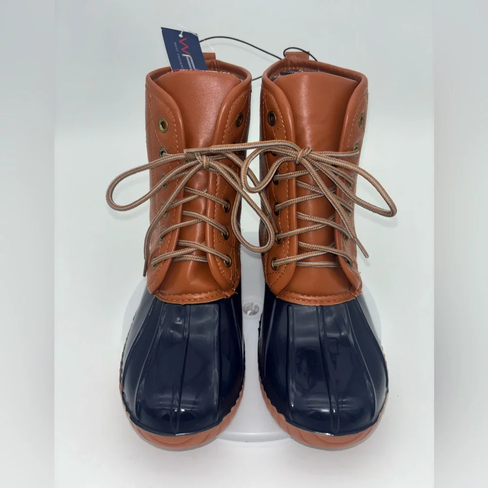 NEW Duck Boots Navy Blue Brown Youth Womens 5 Plaid Lace-Up Waterproof Fisherman